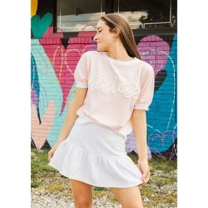 QUEEN OF SPARKLES Bride Glitter Script Sweater Top Pink White XS